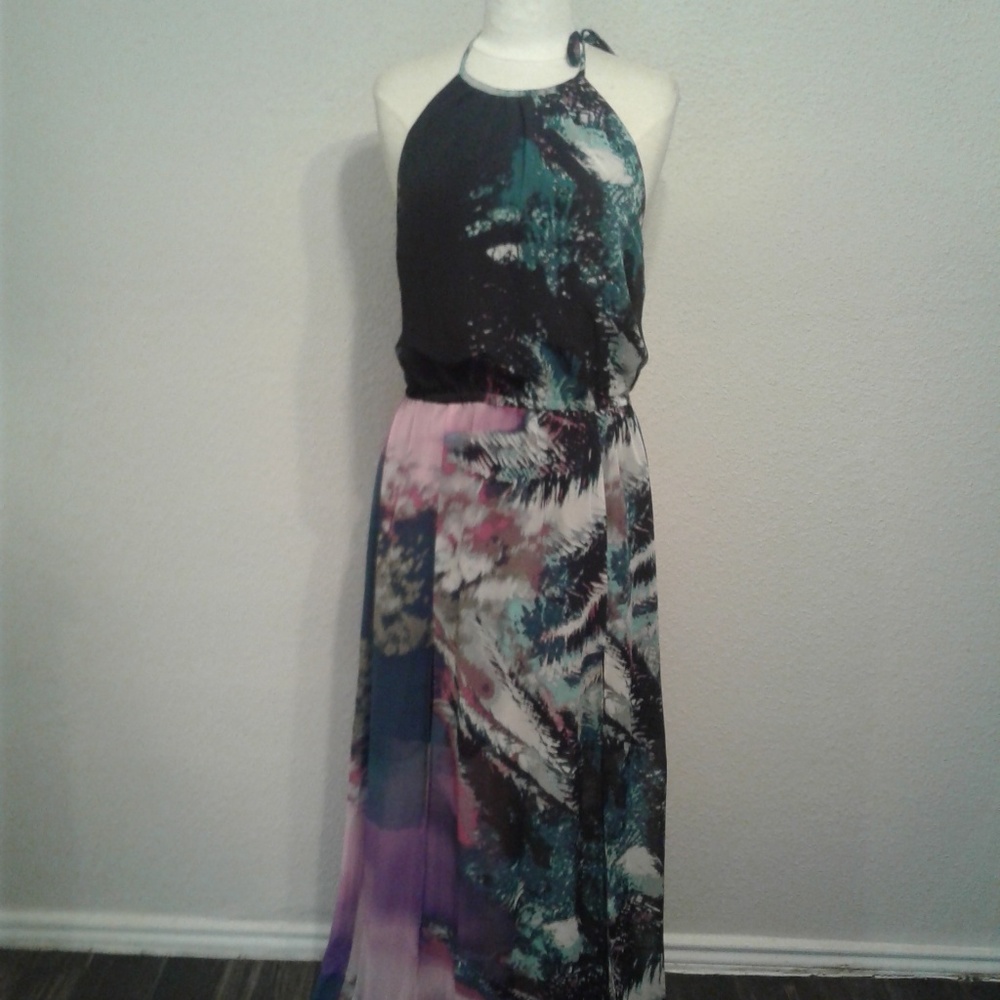 Bebe abstract tropical Lagoon maxi dress Large